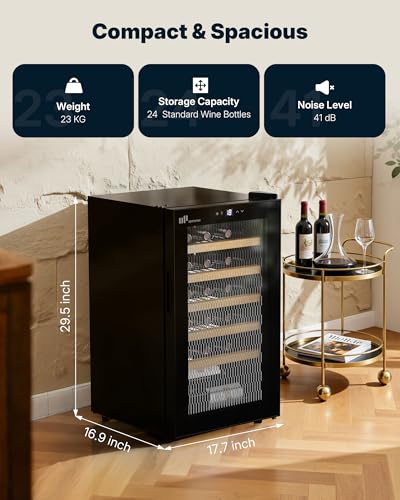Upstreman 24 Bottle Wine Cooler Refrigerator, Compact Small Built-in or Freestanding Wine Fridge, 41-68°F Temperature Control, Glass Door, Touch Control & LED Light for Home Kitchen Bar (W24-Black)