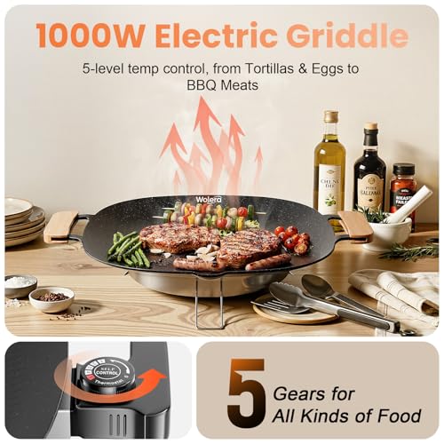 Wolera Smokeless Indoor Electric BBQ Grill with Wooden Handles – Adjustable Temp Nonstick Griddle, Perfect for Steak, Pancakes & Low-Fat Meals, Easy to Clean & Dishwasher Safe