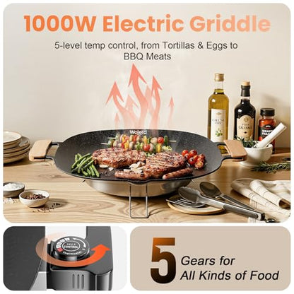 Wolera Smokeless Indoor Electric BBQ Grill with Wooden Handles – Adjustable Temp Nonstick Griddle, Perfect for Steak, Pancakes & Low-Fat Meals, Easy to Clean & Dishwasher Safe