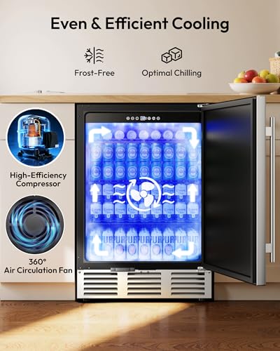 EUHOMY 24 Inch Beverage Refrigerator, Undercounter Beverage Fridge 180 Can with Stainless Steel Door for Home Patio, Beverage Cooler Built-in or Freestanding, outdoor refrigerator for Soda Beer Wine