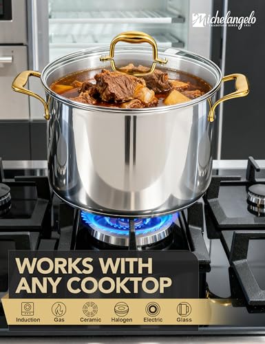 MICHELANGELO Stainless Steel Stock Pot with Lid - 12 Quart Soup Pot with Ergonomic Handle, Large Cooking Pots for StewSoup, Suitable for All Stoves