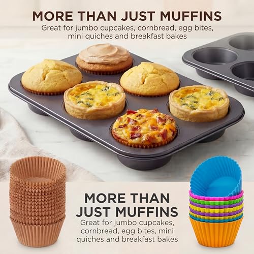 PIGOABZ 2 Pack Jumbo Muffin Pan, 6 Cup Nonstick Texas Muffin Pans with 12 Reusable Silicone Muffin Cups and 100 Paper Liners, Jumbo Cupcake Baking Pans for Large Muffins (X-Large)