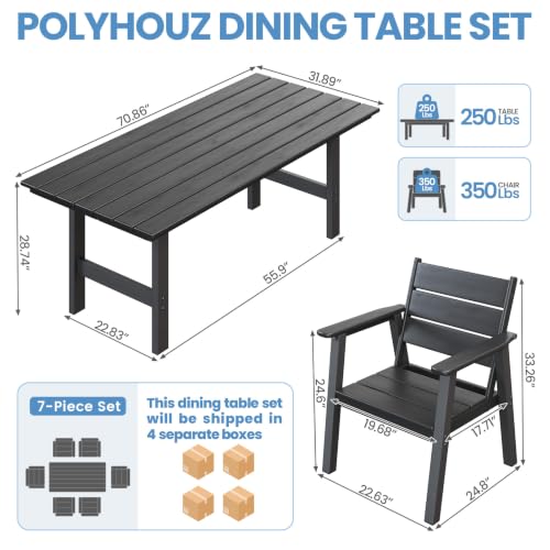 Polyhouz HDPE Outdoor Dining Table and Chairs, 7-Piece Patio Table and Chairs Set, Outdoor Dining Set for 6, All-Weather Dining Furniture Set with Umbrella Hole, Black