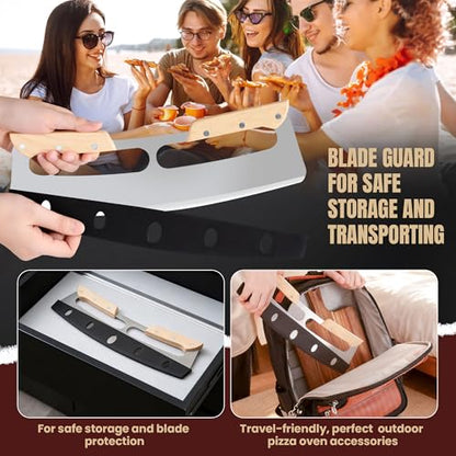 Gicyiit Pizza Cutter Rocker Blade with Wooden Handle, Premium 14inch Pizza Knife Rocker Cutter with Sharp Stainless Steel Blade and Protective Cover, Slicing Through Crust in One Single Rocking Motion