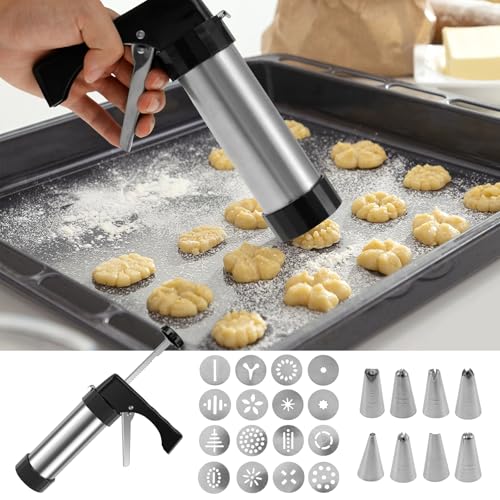 Churro Maker Machine - Stainless Steel Churros Gun Kit, 3-In-1 Multifunctional Cookie Press Gun with Piping Bag, 8 Piping Nozzles and 16 Cookie Discs for Making Churro, Cookie and Cake DIY
