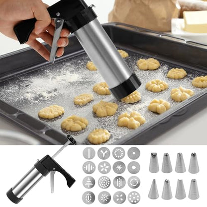 Churro Maker Machine - Stainless Steel Churros Gun Kit, 3-In-1 Multifunctional Cookie Press Gun with Piping Bag, 8 Piping Nozzles and 16 Cookie Discs for Making Churro, Cookie and Cake DIY