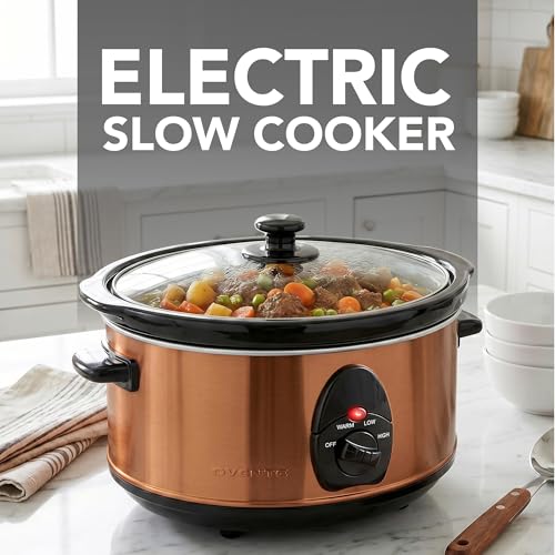 OVENTE Electric Slow Cooker with 3 Cooking Settings, Non-Stick and Dishwasher Safe Stoneware, Stainless Steel Body, Glass Lid, 3.7 Qt Oval Pot for Entrees, Soups, Sauces, Stews & Dips, Copper SLO35ACO