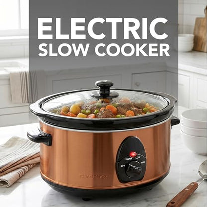 OVENTE Electric Slow Cooker with 3 Cooking Settings, Non-Stick and Dishwasher Safe Stoneware, Stainless Steel Body, Glass Lid, 3.7 Qt Oval Pot for Entrees, Soups, Sauces, Stews & Dips, Copper SLO35ACO