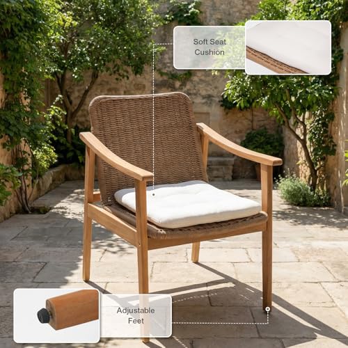 SUNSITT 7-Piece Outdoor Patio Dining Set, 55" - 71" Acacia Wood Expandable Outdoor Table Set with Umbrella Hole, 6 Woven Rattan Chairs w/Removable Cushions for Backyard, Porch, Deck