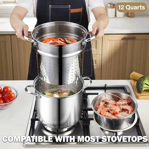 Cooks Standard Pasta Pot 18/10 Stainless Steel 12 Quart, Spaghetti Cooker Steamer Stock Pot Multipots with Strainer Insert, Stainless Steel Lid, 4-Piece Set