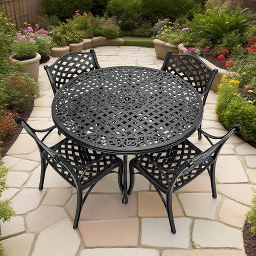 PATIO-IN 5 Pieces Cast Aluminium Patio Dining Set for 4-6 Person,Round 48" Patio Table and Chairs Set of 4 with 2.3" Umbrella Hole,Outdoor Patio Furniture Dining Set for Porch Backyard Deck, Black