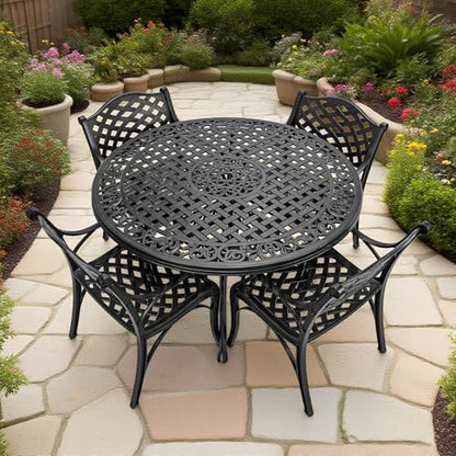 PATIO-IN 5 Pieces Cast Aluminium Patio Dining Set for 4-6 Person,Round 48" Patio Table and Chairs Set of 4 with 2.3" Umbrella Hole,Outdoor Patio Furniture Dining Set for Porch Backyard Deck, Black