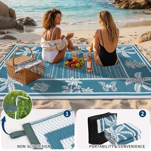 Garvee Outdoor Rug 5x8 Waterproof for Patios, Reversible Plastic Straw Rug, Tropical Leaf Indoor Outdoor Rugs, Large Area Rug for RV, Camping, Deck, Picnic Mat, Outside Carpet, Blue & White