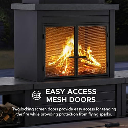 SUNJOY Outdoor Fireplace with Wood Storage and Chimney, Steel Wood Burning Firepit with Mesh Spark Screen Door, Fire Poker, Fireplace Tool & PVC Cover, for Patio Garden Deck Backyard, Black/Dark Gray
