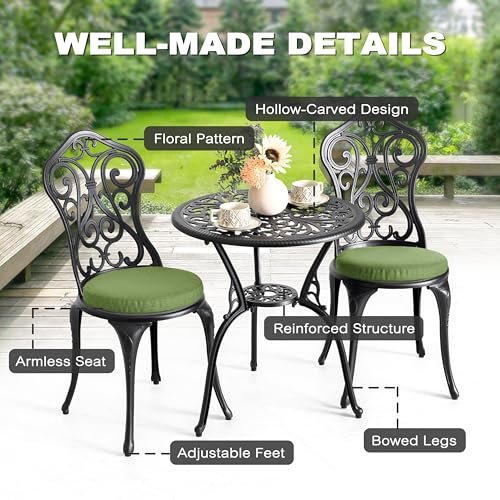 NUU GARDEN Patio 3-Piece Bistro Set with Cushions, Patio Chairs and Outdoor Round Table with Umbrella Hole, Cast Aluminum Patio Set for Lawn, Garden, Porch, Poolside, Black
