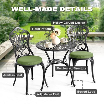 NUU GARDEN Patio 3-Piece Bistro Set with Cushions, Patio Chairs and Outdoor Round Table with Umbrella Hole, Cast Aluminum Patio Set for Lawn, Garden, Porch, Poolside, Black