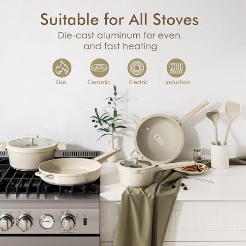 SENSARTE Ceramic Cookware Set Non-toxic 14 Pcs, Nonstick Pots and Pans Set, Dishwasher Safe Induction Cookware, Healthy Kitchen Cooking Set, PFOA/PFAS/PTFE Free