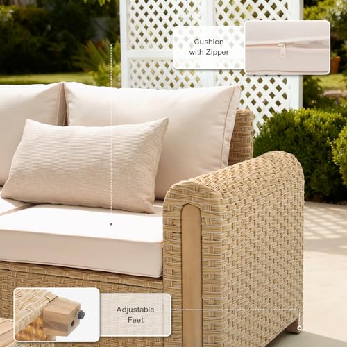 SUNSITT 6-Piece Patio Wicker Modular Sectional Set with Acacia Wood Accents