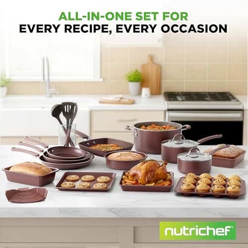 NutriChef Nonstick Cookware Set, 20-Piece Premium Kitchen Cookware Set with Pots, Pans, Bakeware & Utensils, Non Stick Pots and Pans Compatible with Gas, Electric, Ceramic & Induction Cooktops (Black)