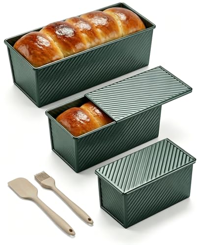CARTMAN 3-Piece Pullman Loaf Pan with Lid Set – Non-Stick Carbon Steel Bread Pan with Bottom Vents – Includes Large (12.4"), Medium (8.2") & Mini (6.3") Sizes plus Silicone Tools – Sage Green
