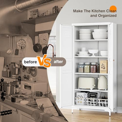 Yizosh Metal Storage Cabinet with 2 Doors and 4 Adjustable Shelves - 61" White Kitchen Pantry Storage 5-Tier Tall Steel Cabinets Locker for Kitchen, Living Room, Dining Room
