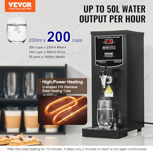VEVOR Commercial Water Boiler, 10L Electric Hot Water Dispenser with 316 Stainless Steel Heating Tube, 1500W Step-by-step Fast Heating 50L/H Hot Water Boiler, for Coffee Tea Restaurant Office
