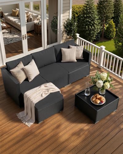 Skyfish Patio Furniture Set - Wide Armrests - All-Weather 5 Piece Outdoor Wicker Sectional Couch with Chaise Lounge,Couch Conversation Set, PE Rattan Sofa for Backyard Porch Poolside Black/Medium Gray