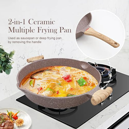 AIKENBBKK Ceramic Frying Pan with Lid, 14 Inch Saute Pan, Non Stick Frying Pans, 2-In-1 Large Cooking Pan, Nonstick Skillet, Compatible with All Stoves, PTFE & PFOA Free, Brown