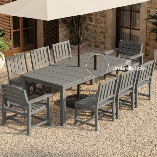 Kingdura 9 Piece Patio Dining Set for 8, All-Weather HDPE Patio Furniture, Ergonomic Chairs and 75.2'' Large Table Set with Built-in Umbrella Hole, UV-Resistant for Backyard, Deck, Poolside
