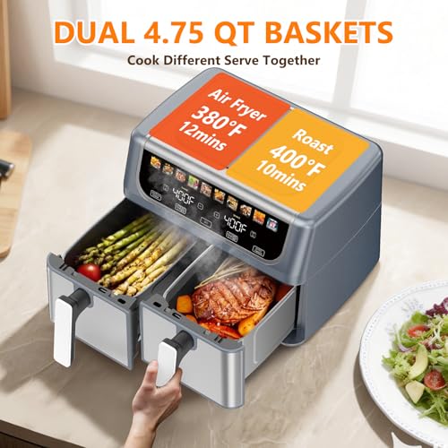 DUMOS 10-in-1 Air Fryer 9.5 QT, Large Airfryer with with 2 Independent Frying Baskets, Sync Finish & Match Cook, Shake Reminder, Wide Temperature 80-450°F, Roast Bake Defrost Dehydrate, Grey