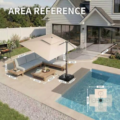 Ombrellon 10 X 13 FT Cantilever Patio Umbrella with Led Lights and Base Included Outdoor Heavy Duty Double Top Rectangle Offset Umbrellas with 360-degree Rotation for Pool Deck Backyard, Beige