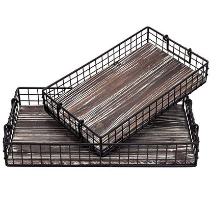 MyGift 16 and 14 Inch Large Nesting Countertop Storage Baskets with Handles, Rustic Torched Wood and Black Metal Wire Decorative Shelf Organizer Bins, 2 Piece Set
