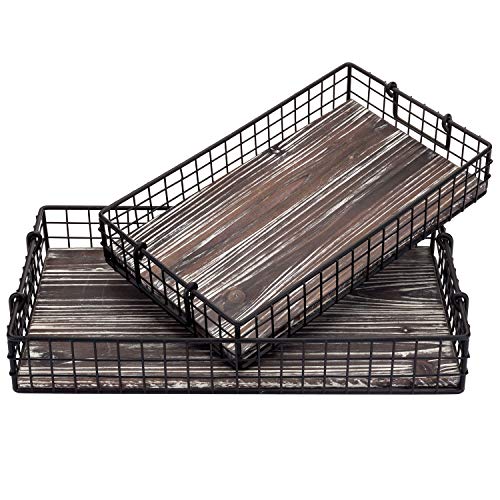 MyGift 16 and 14 Inch Large Nesting Countertop Storage Baskets with Handles, Rustic Torched Wood and Black Metal Wire Decorative Shelf Organizer Bins, 2 Piece Set