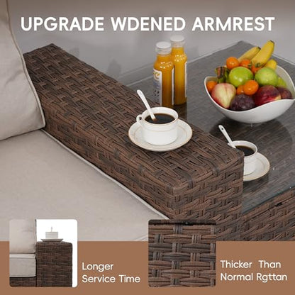 PAIQIAN 7 Pieces Patio Furniture Set - All-Weather Wicker Outdoor Sectional Sofa, Rattan Patio Conversation Sofa with Coffee Table for Porch, Beige/Brown