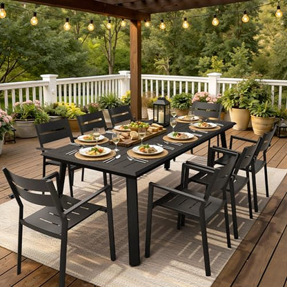 PATIOHIT 9-Piece Aluminum Outdoor Dining Set, 82" Large Rectangular Patio Table & 8 Stackable Armchairs Rust Proof Outdoor Furniture with Umbrella Hole for Lawn Garden Deck, Black