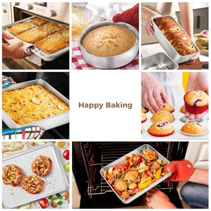 E-far 9-Piece Baking Pan Set, Stainless Steel Bakeware Sets for Sheet Cake Cookie Loaf Muffin, Include Baking Sheet, Round Square Rectangle Baking Pan & Cooling Rack, Dishwasher Safe