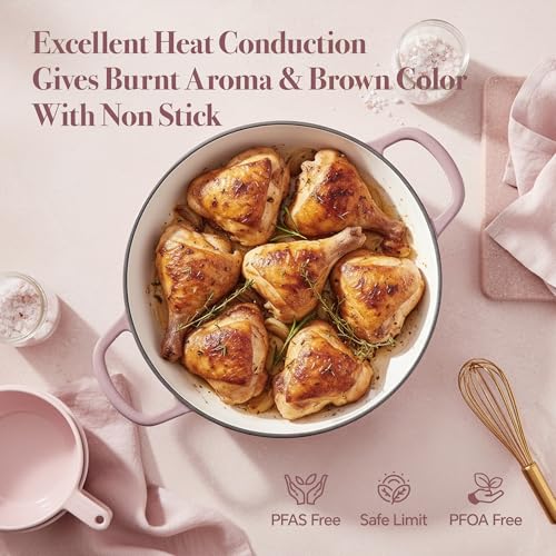 Vintage Style 3 Quart Enameled Cast Iron Braiser, Non Stick Enameled Cast Iron Skillet with Lid, Dutch Oven Skillet with lid up to 500°F for Oven, Stove, Grill, Shallow Dutch Oven for Cook, Bake (Pink)