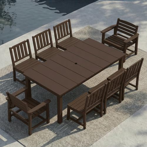 Patio Kingdom 9-Piece Outdoor Dining Set for 8, 75.2" HDPE Table with Umbrella Hole & 8 Chairs, All-Weather Patio Furniture for Lawn, Yard, Deck, or Poolside, Fade & Crack Resistant (Brown)