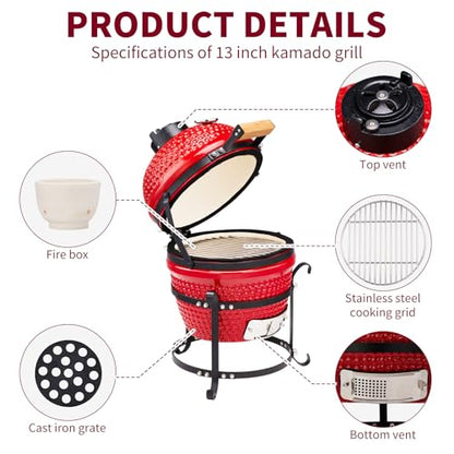 Outvita 13" Round Kamado Charcoal Grill, Portable Ceramic Barbecue Grill with Thermometer for Variations on Cooking Methods(Red)