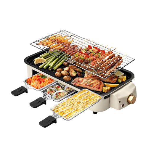 OVENTE 2-in-1 Electric Indoor Grill, 1500W Smokeless Korean BBQ Griddle with Non-Stick Removable Cooking Plate, 3 Raclette Cheese Pans, Adjustable Temperature Control, Dishwasher Safe, Beige BQR1502B