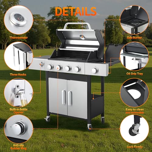 IdeaMaxx Propane Gas Grill 4 Burner, 49,000 BTU Outdoor BBQ Grill with Side Burner, Porcelain Cast Iron Grates & Stainless Steel, Fast Heating for Backyard, Camping, Tailgating