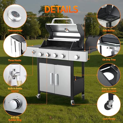 IdeaMaxx Propane Gas Grill 4 Burner, 49,000 BTU Outdoor BBQ Grill with Side Burner, Porcelain Cast Iron Grates & Stainless Steel, Fast Heating for Backyard, Camping, Tailgating