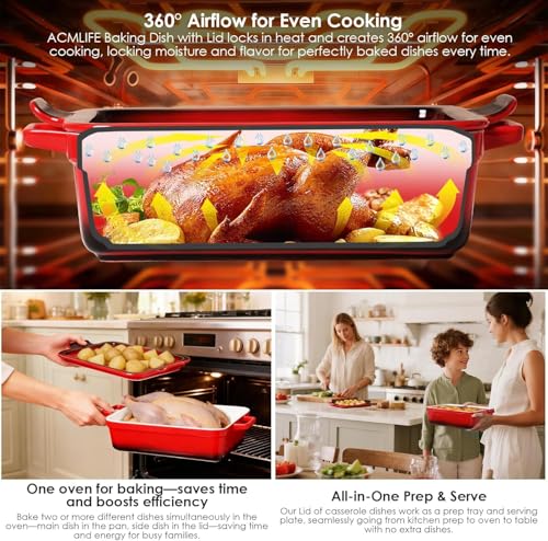 ACMLIFE Ceramic Casserole Dishes with Lids, Baking Dish for Oven with Lid, Stoneware Rectangular Dish 4 Pcs Set, Red 2-in-1 Bakeware Set (13"x8"+8"x6"), Large 3.06 Qt & Small 0.95 Qt Ceramic Bakeware, Casserole Dishes for Oven Baking Pan with Handles, Ide
