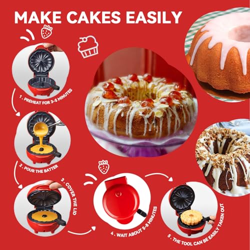Mini Cake Maker, Portable Mini Cake Maker Double-Sided Heating, electric cupcake makers for Breakfast, Cake, Snacks (Red)