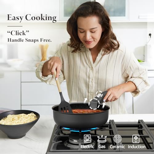 Bazova Ceramic Nonstick Cookware Set, Healthy,Non Toxic,17-Pieces Pots and Pans Set Removable Handles,Induction RV Kitchen Set,Stain & Scratch-resistant,Dishwasher/Oven Safe,PFAS/PFOA Free,Black