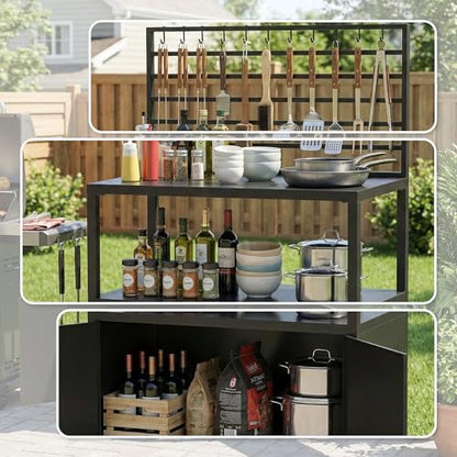 LYNSLIM 5-Piece Outdoor Grill Table Kitchen Island with Ample Storage Cabinet, Outdoor Metal Grill Cart, Independence Steel Sink & Drainage w/Faucet (Black, Outdoor Kitchen Lsland)