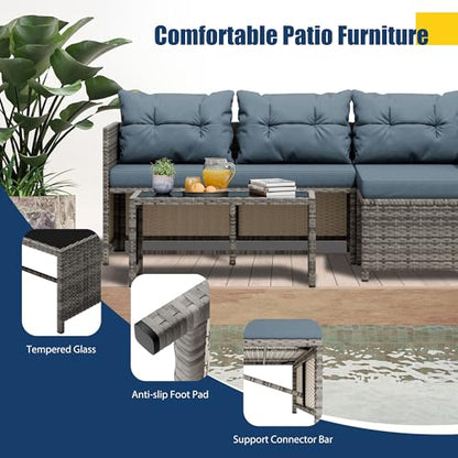 Vongrasig 3 Pieces Patio Furniture Sets, All-Weather Wicker Outdoor Sofa Couch Sectional Set, Small Conversation Set for Patio, Garden w/Cushion, Glass Table, (Blue)