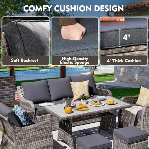 MEISSALIVVE 7 Pieces Outdoor Patio Furniture Set with Swivel Chairs, Wicker Patio Conversation Set, Patio Sectional Furniture Set with with Loveseat, 2 Ottomans and Dining Table (Grey)