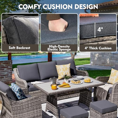 MEISSALIVVE 7 Pieces Outdoor Patio Furniture Set with Swivel Chairs, Wicker Patio Conversation Set, Patio Sectional Furniture Set with with Loveseat, 2 Ottomans and Dining Table (Grey)