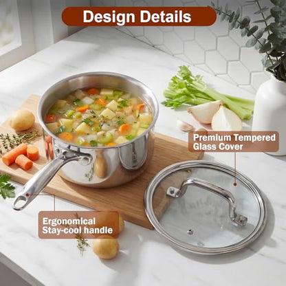 Cook N Home Classic Tri-Ply Clad Stainless Steel Saucepan with Lid, Multipurpose Sauce Pan Kitchen Pot for Cooking, Dishwasher & Oven Safe, Induction Compatible Cookware, 3-Quart